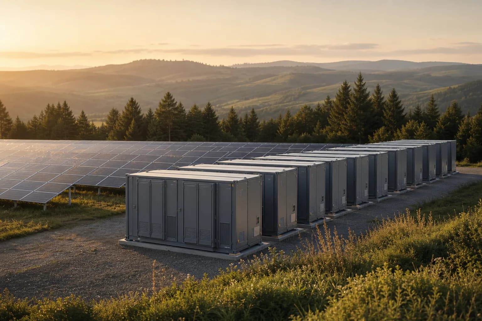 Battery energy storage system beside a solar farm at sunset